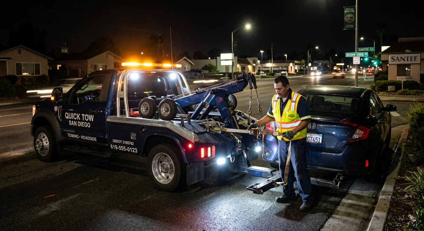 A flatbed tow truck on the shoulder of I-10 in El Paso with the Franklin Mountains in the background