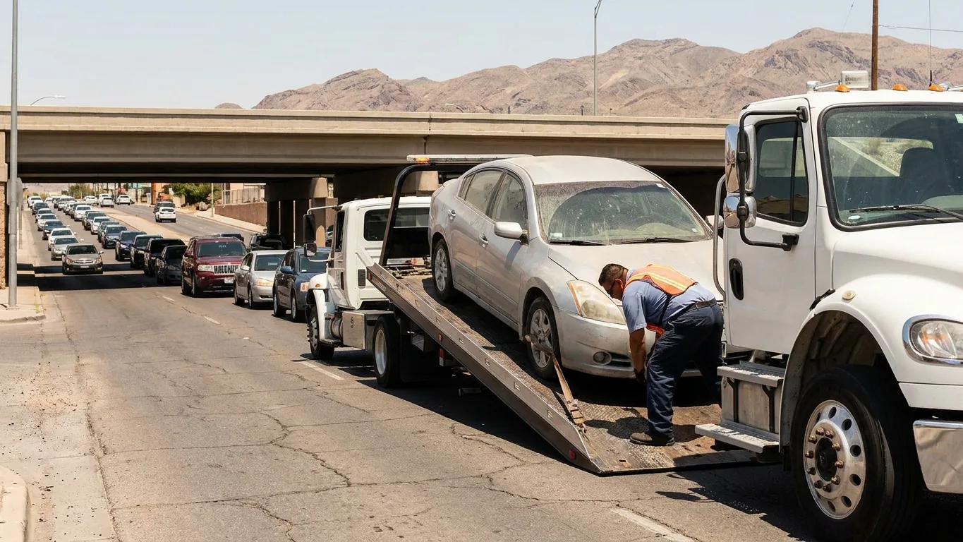 A white flatbed tow truck loading a disabled sedan on a downtown El Paso street near the international bridge approach with border traffic in the background