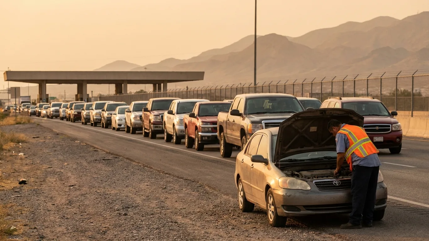 A tow operator in a steel blue polo checking under the raised hood of an overheated car in a line of slow border traffic in El Paso