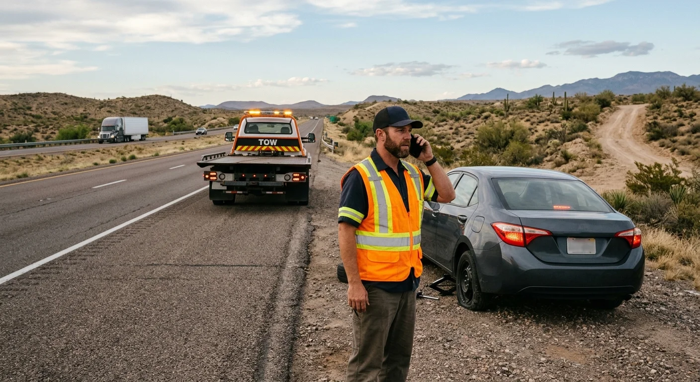 Disabled car on a desert highway shoulder near Chaparral, driver calling dispatch from a safe visible spot