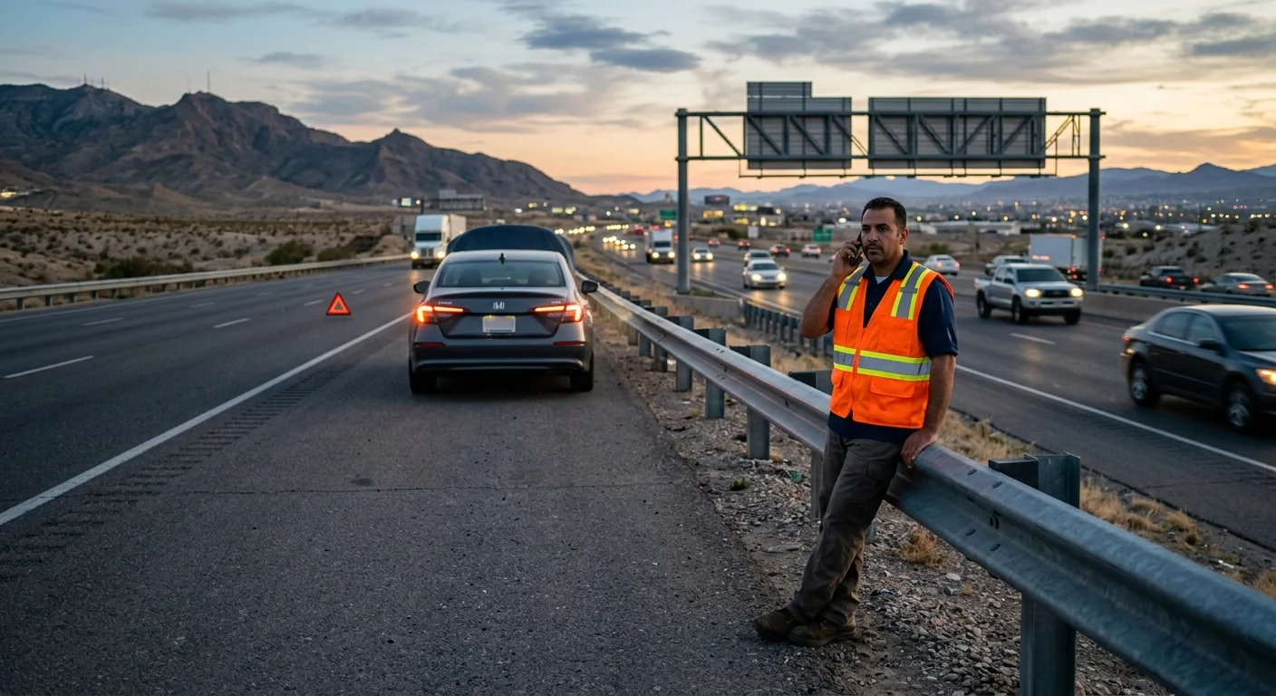 Disabled car on a highway shoulder in El Paso while the driver calls dispatch from a safe spot