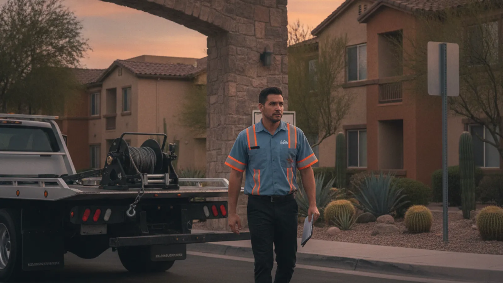 A Quick Tow El Paso driver walking toward a flatbed tow truck parked near an apartment complex entrance at dusk with a tow zone sign post nearby
