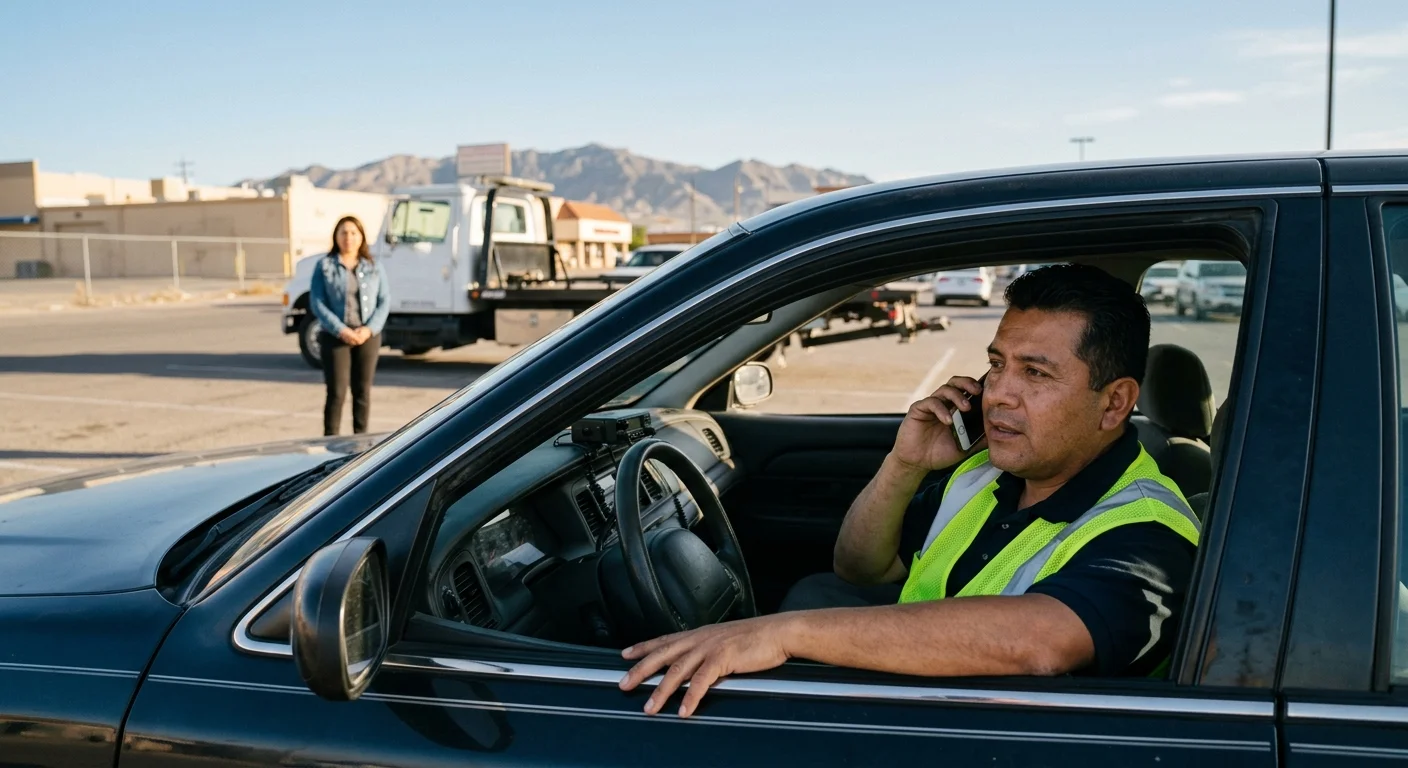Driver sitting in a parked El Paso lot car while on the phone, another person standing at a safe distance