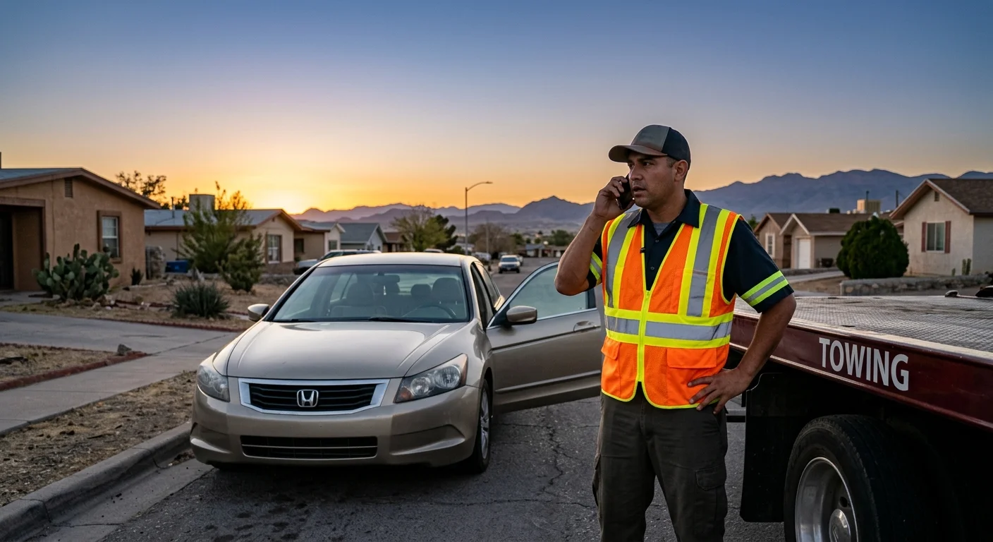 Driver calling for help beside a powerless car in an El Paso neighborhood