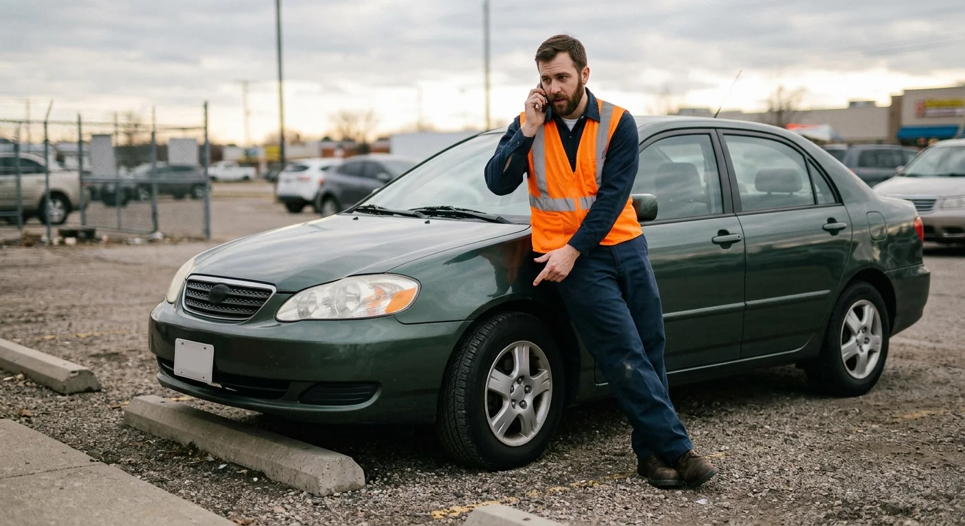 Stationary car in a parking area while a driver reports a steering problem by phone