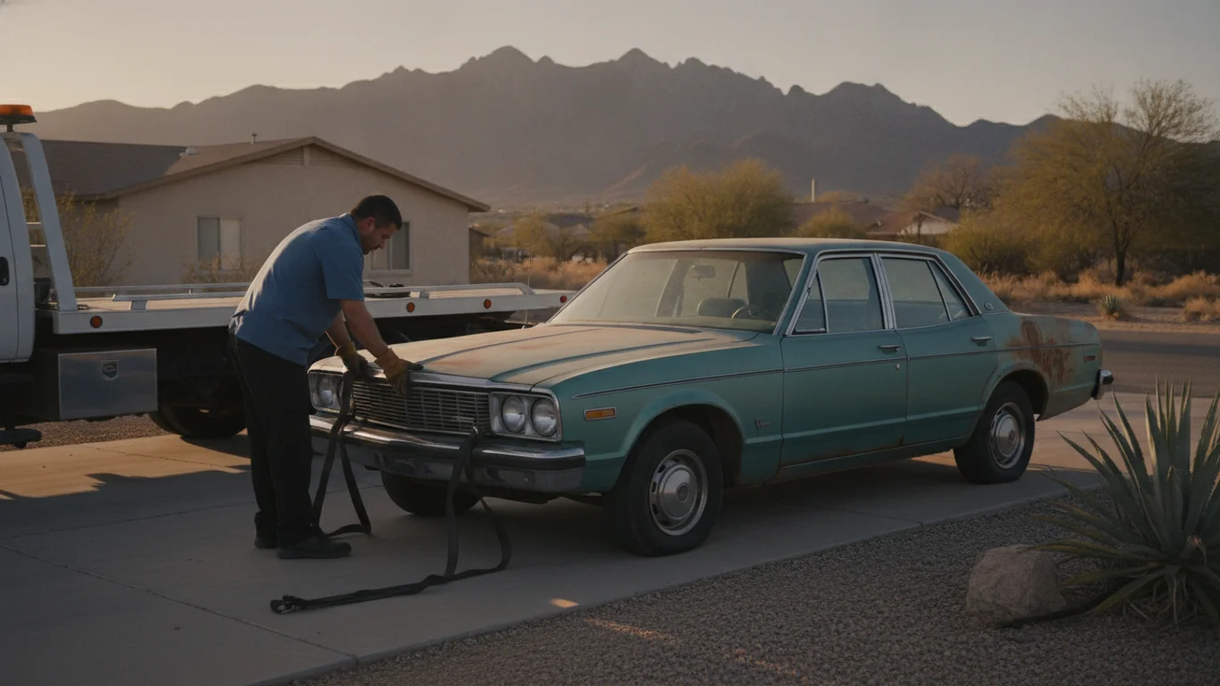 A tow operator hooking up a rusted, non-running sedan for junk car removal in a residential El Paso driveway