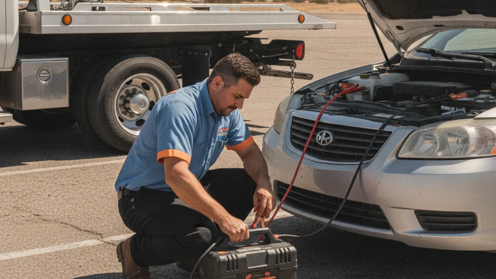 Quick Tow El Paso driver connecting a jump-start pack to a car battery in a sun-baked El Paso parking lot at midday