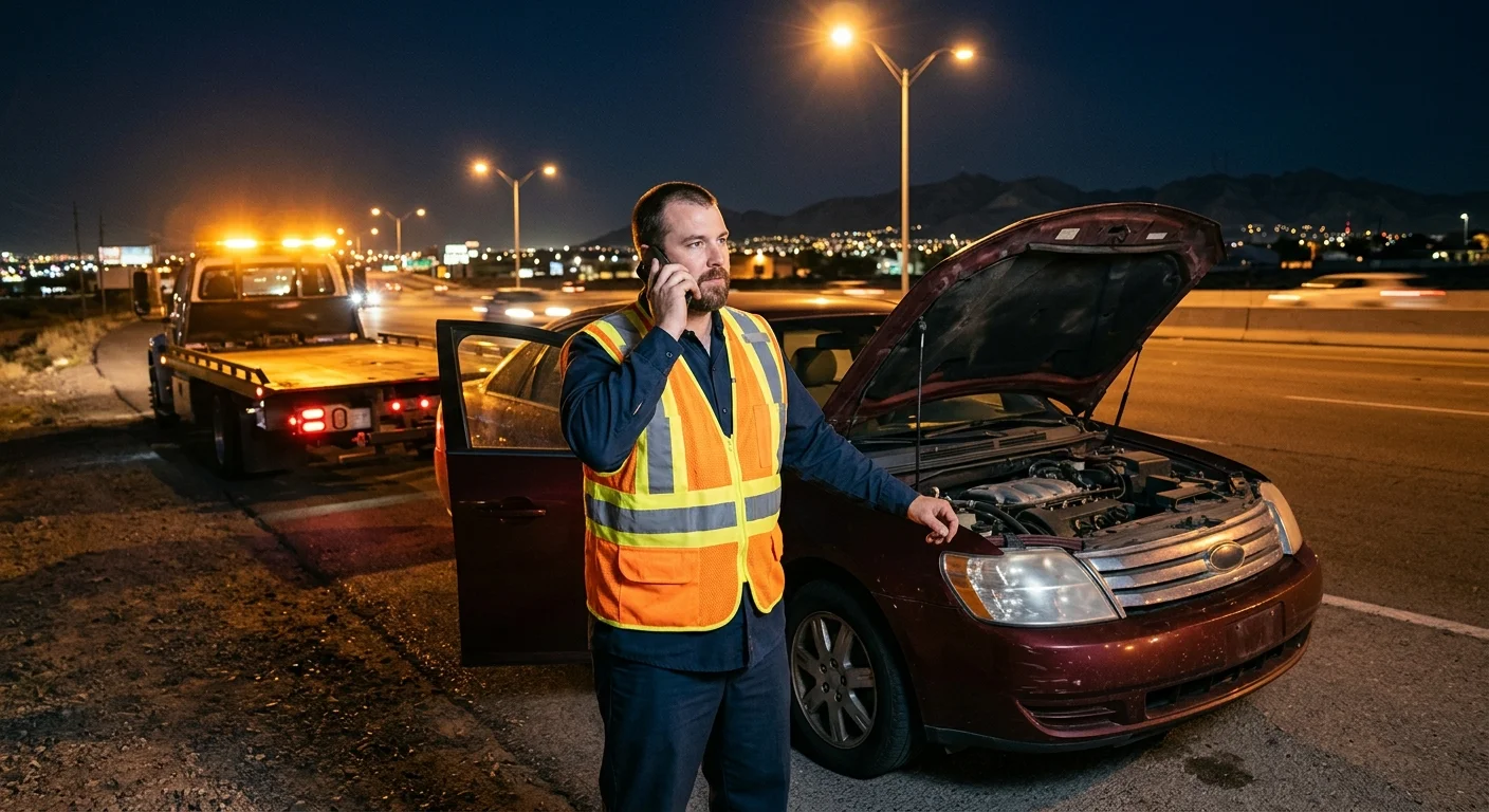 Disabled car on a well-lit El Paso roadside at night with the driver on the phone