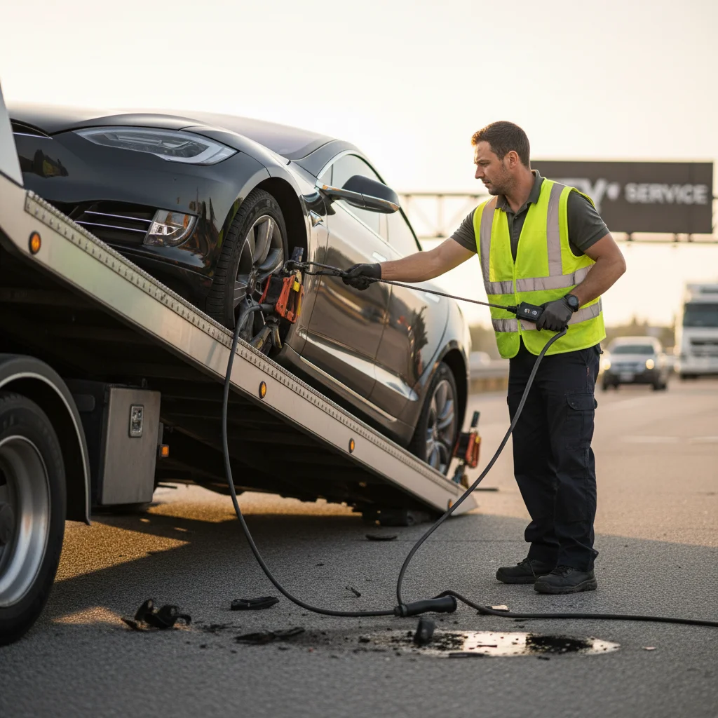 A technician securing an electric vehicle's wheels with soft straps on a flatbed tow truck in an El Paso parking lot