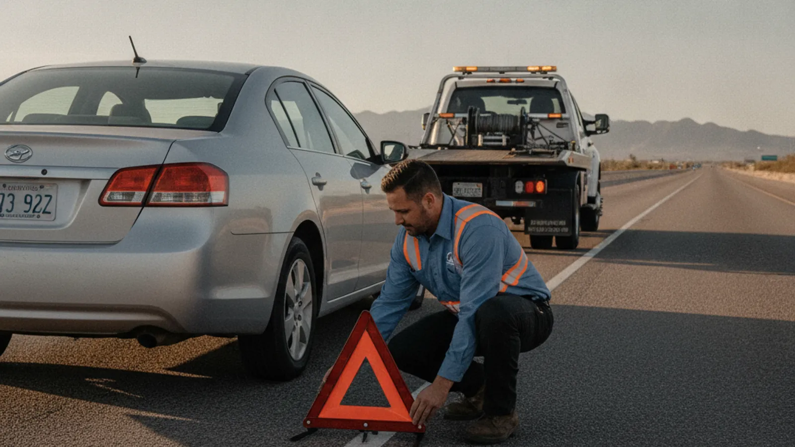 Quick Tow El Paso driver positioning warning lights behind a car with a flat tire pulled onto an El Paso freeway shoulder