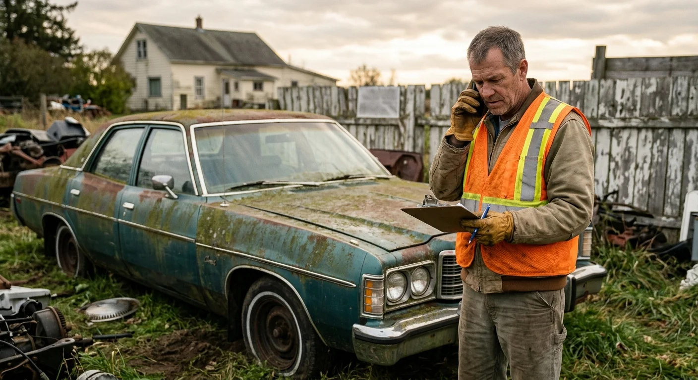 Older unwanted car on private property as the owner documents its condition before arranging transport