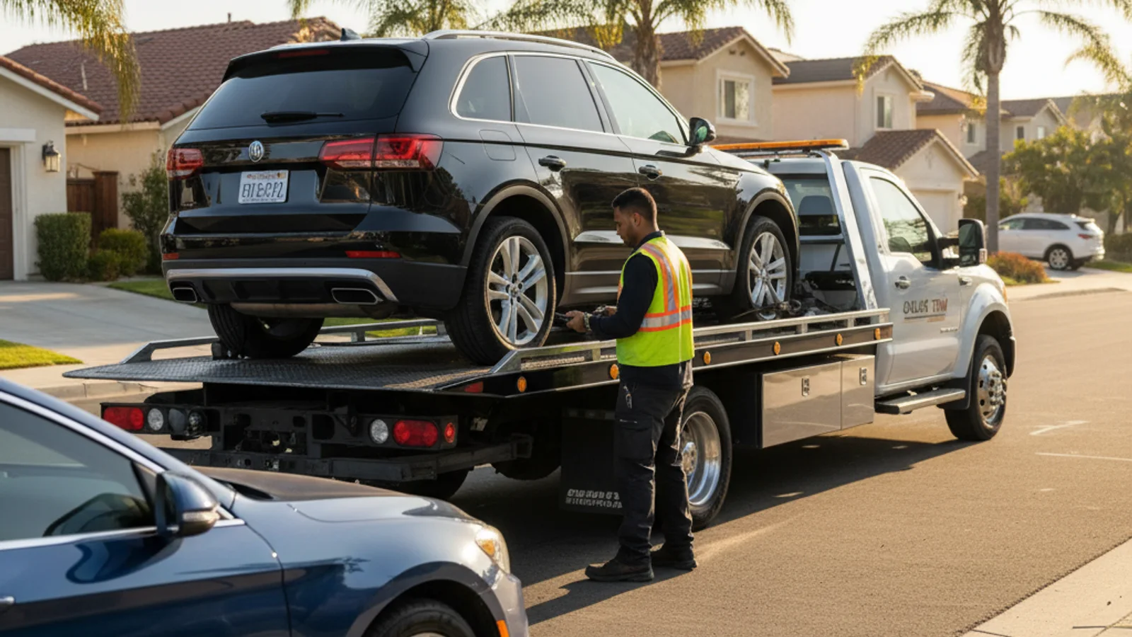 A driver reviewing a printed fee schedule beside a tow truck in an El Paso storage lot with the Franklin Mountains in the background