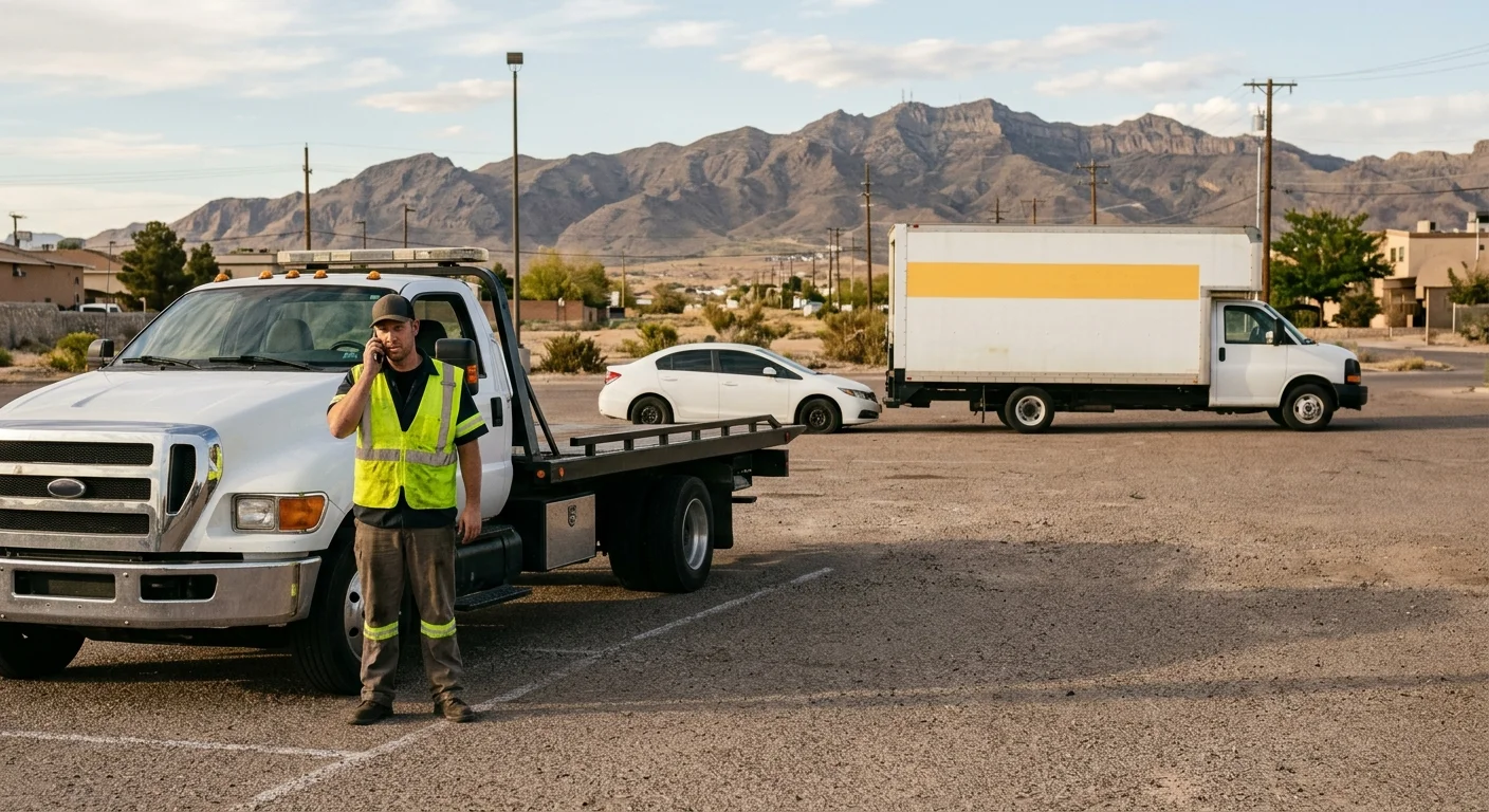 Rental moving truck and a disabled car in an El Paso parking lot, driver calling before any hookup