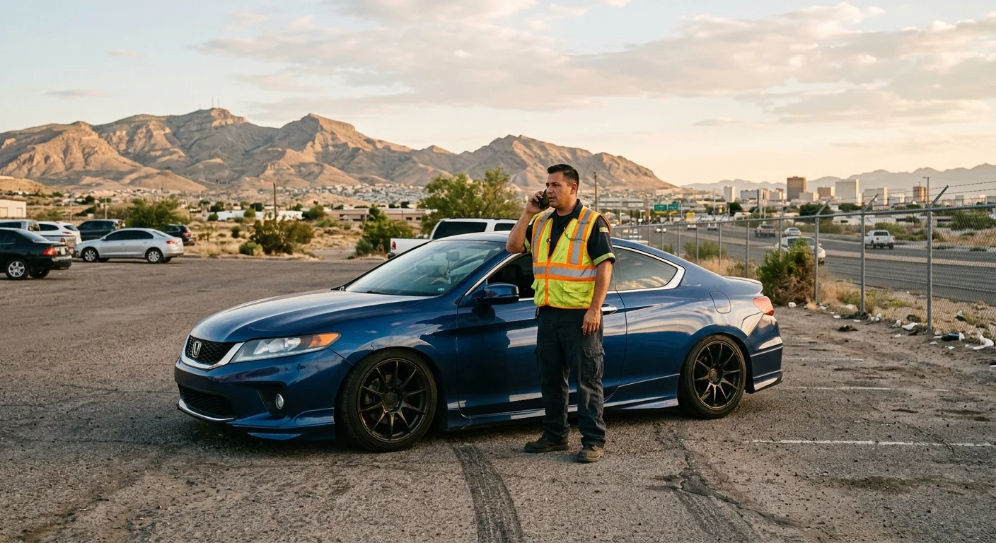 Lowered passenger car stopped in an El Paso parking area with the driver calling dispatch