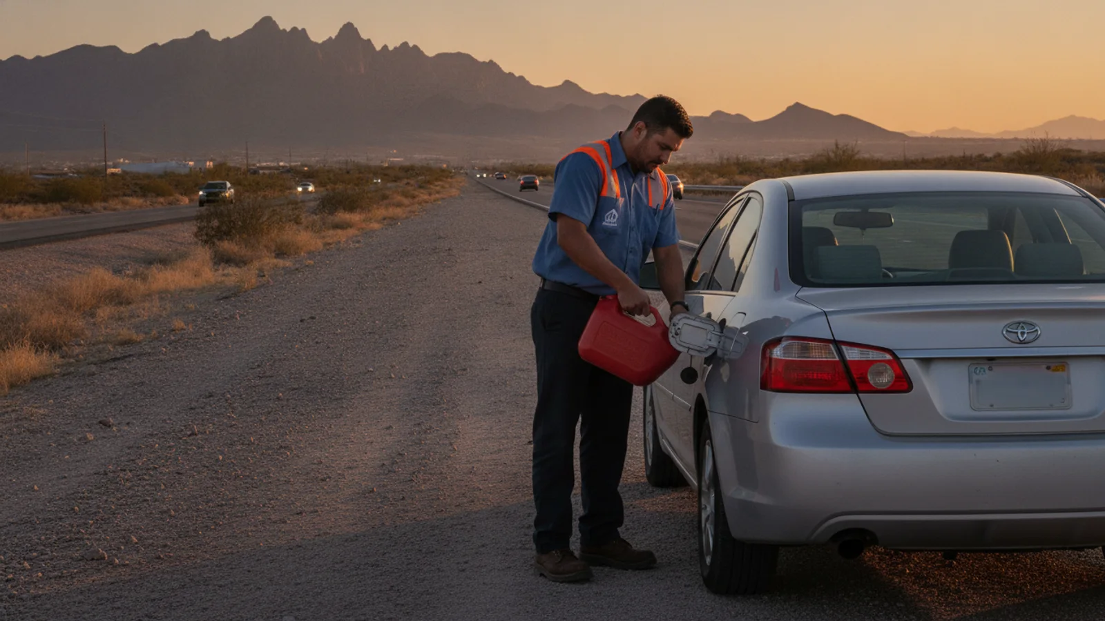 A tow operator in a steel blue polo pouring fuel from a red gas can into a sedan stopped on the shoulder of a desert El Paso highway at dusk