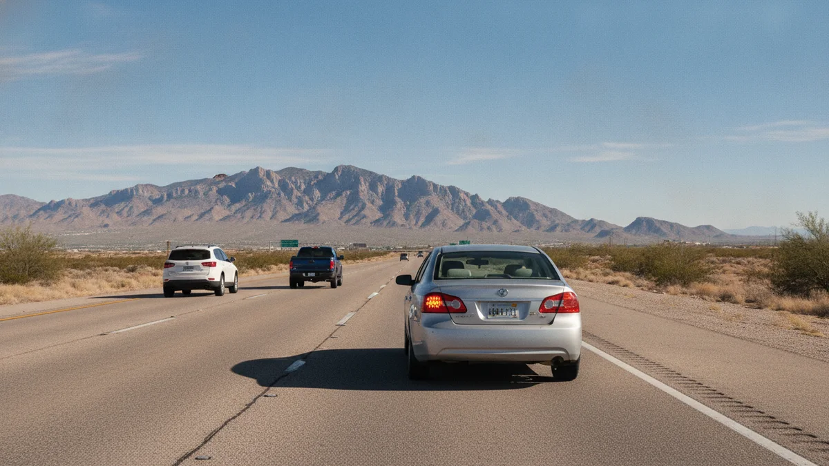 A silver sedan slowing with hazard lights on in the right lane of Interstate 10 in El Paso, the Franklin Mountains behind it