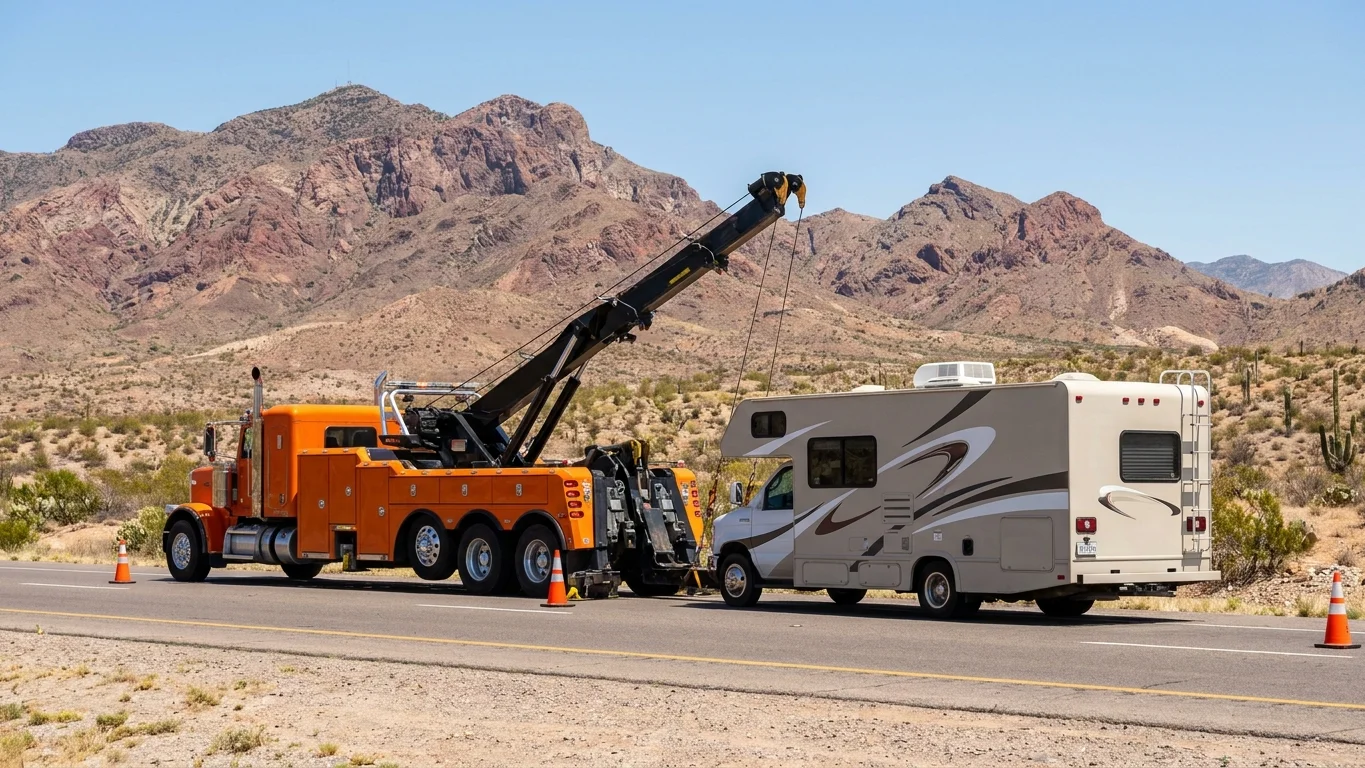 A heavy-duty wrecker recovering a Class C motorhome on the shoulder of I-10 in El Paso with the Franklin Mountains behind