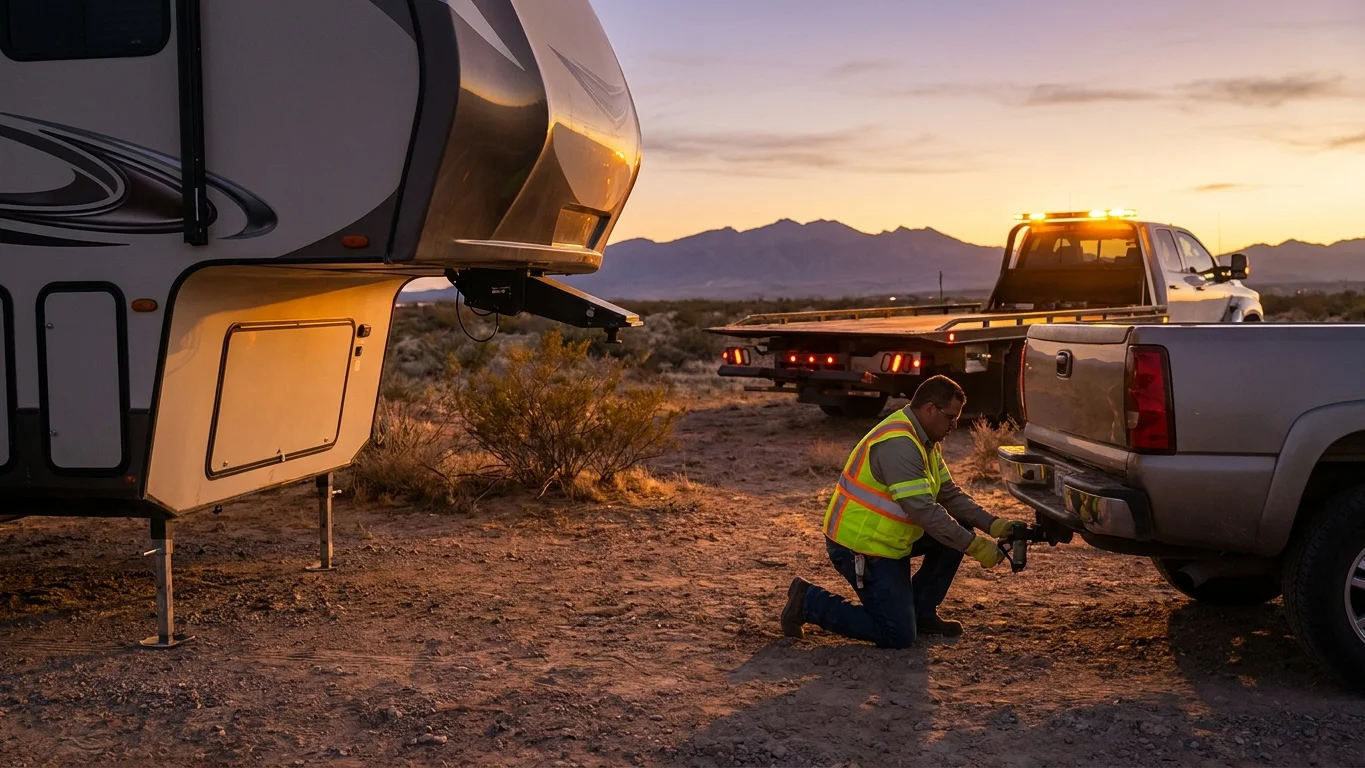 A tow operator disconnecting a fifth-wheel trailer from a pickup on a desert roadside near El Paso at dusk