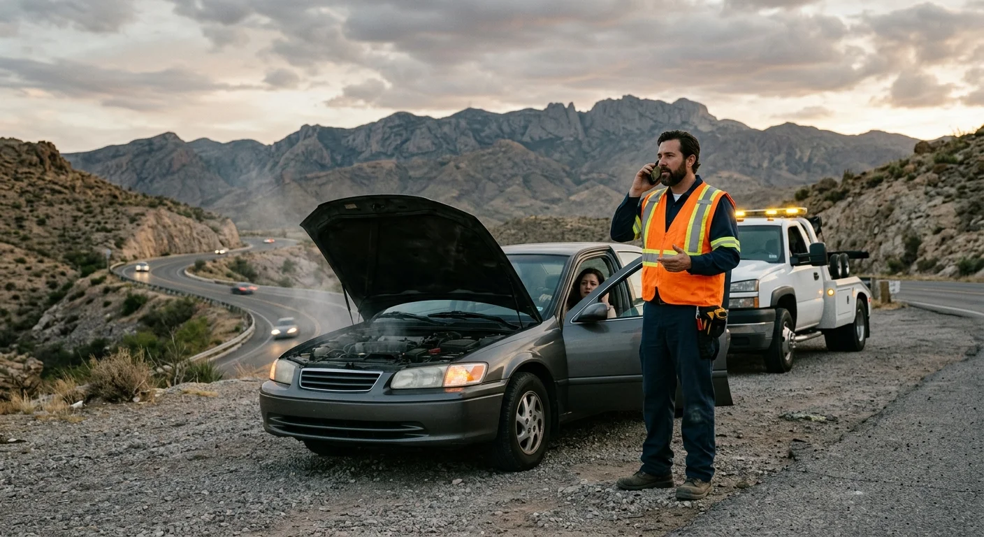 Driver calling for roadside help beside a disabled car in Northwest El Paso