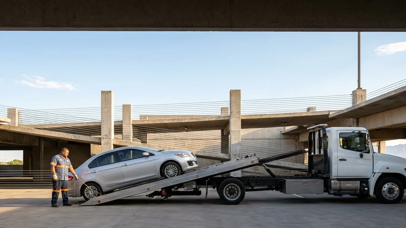 A white flatbed tow truck loading a compact car inside a multi-level concrete parking garage near the UTEP campus in El Paso