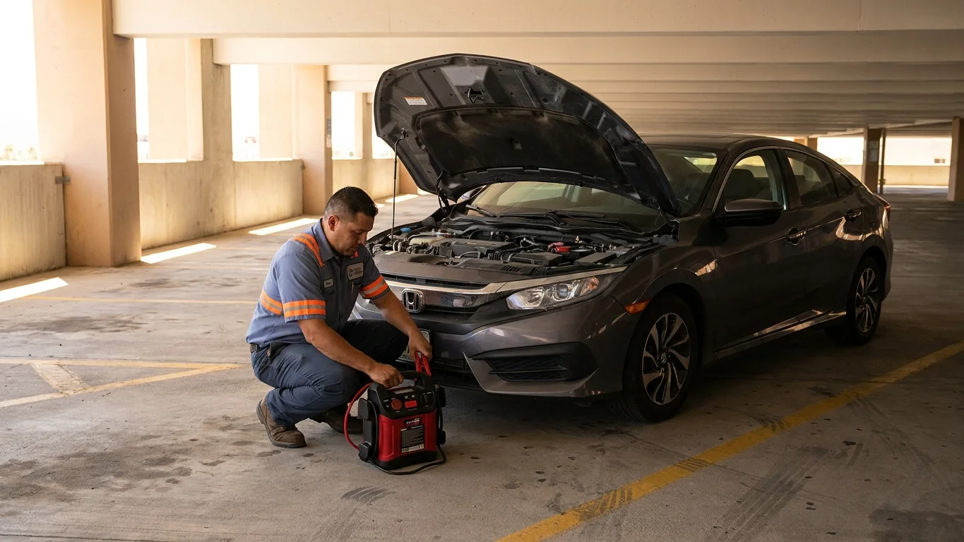 A tow operator in a steel blue polo using a portable jump pack on a dead car parked on a level of a concrete campus parking structure in El Paso