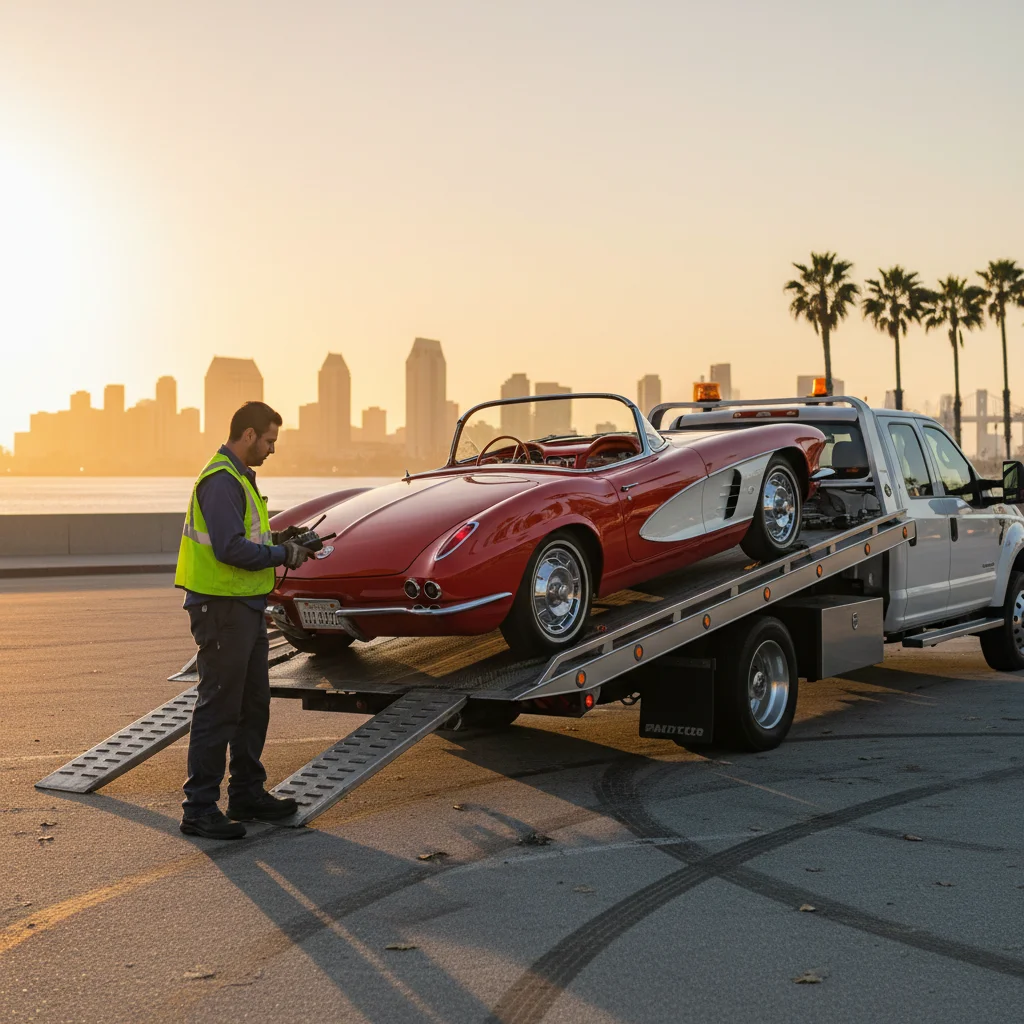 A polished vintage sports car loaded on a flatbed tow truck with soft straps in El Paso at golden hour, Franklin Mountains behind