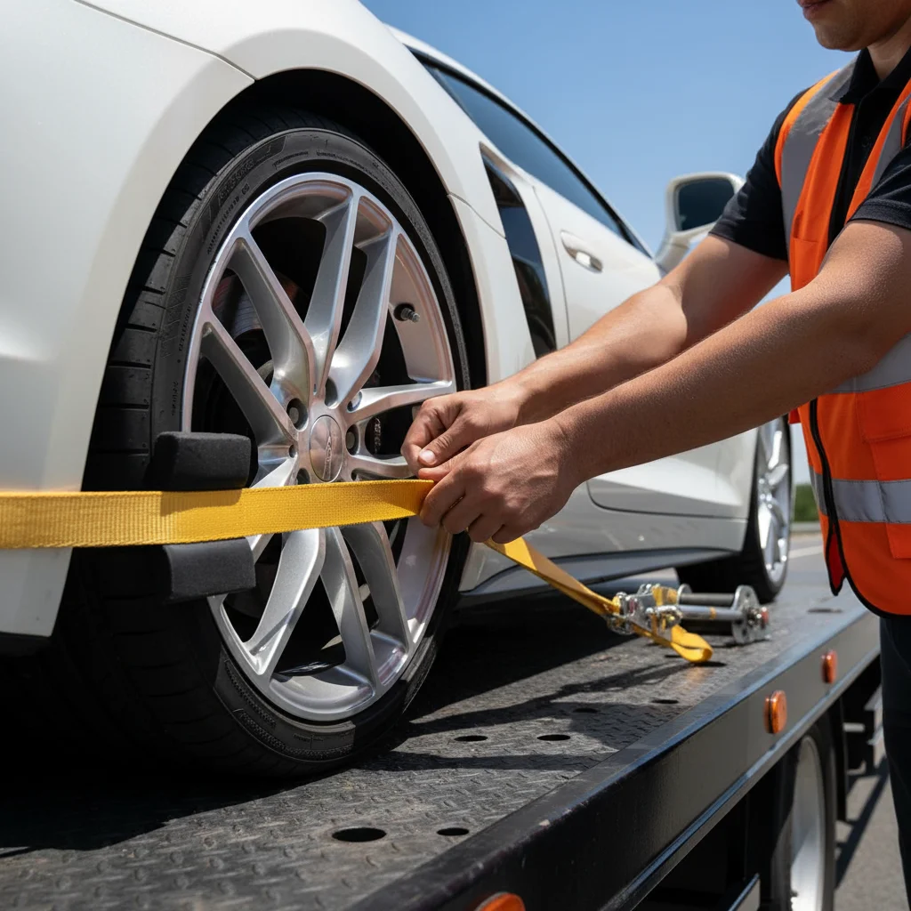 Close-up of soft wheel straps securing a classic car's tire to a flatbed tow truck bed in El Paso