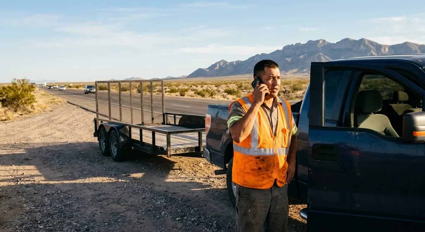 Utility trailer stopped beside a pickup on an El Paso roadside shoulder, owner calling dispatch