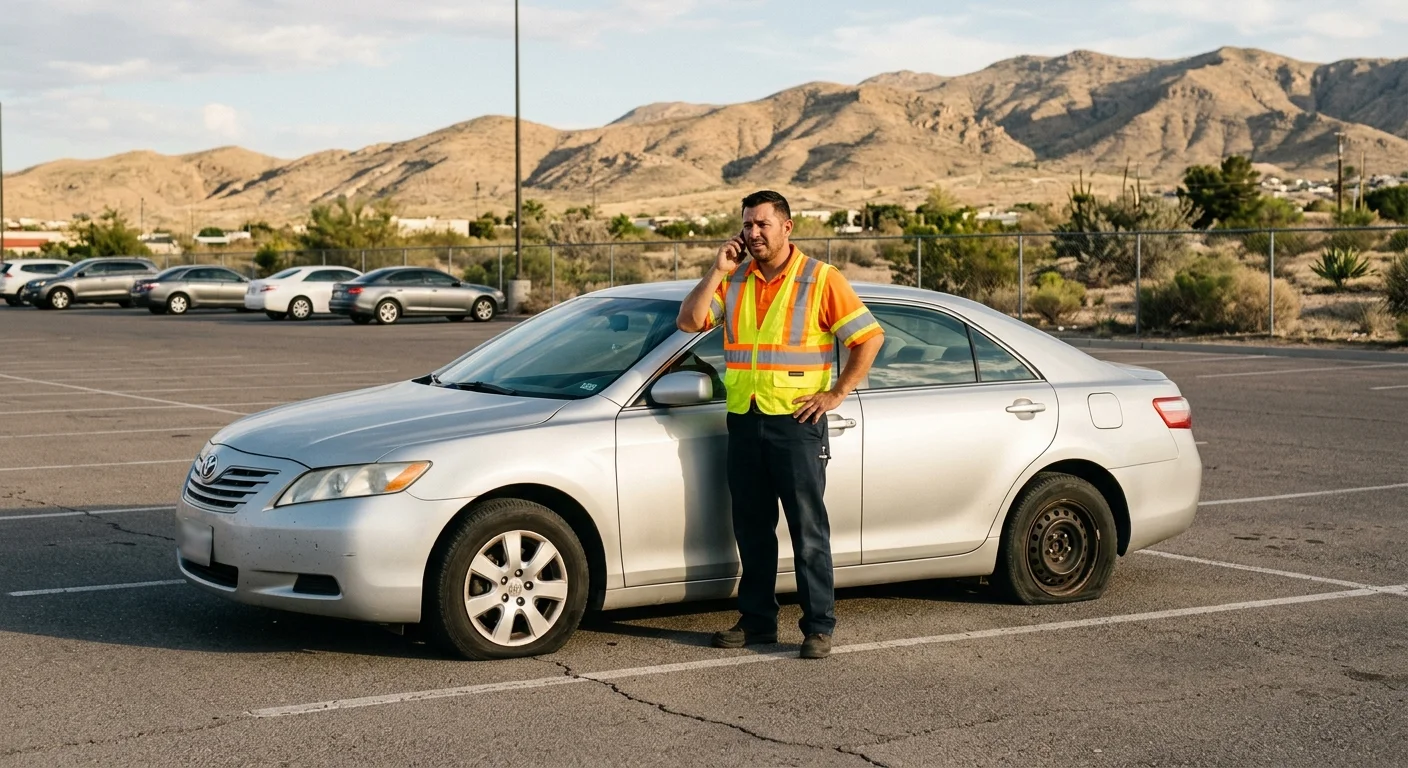 Stationary car with two flat tires in an El Paso parking area, driver calling for help