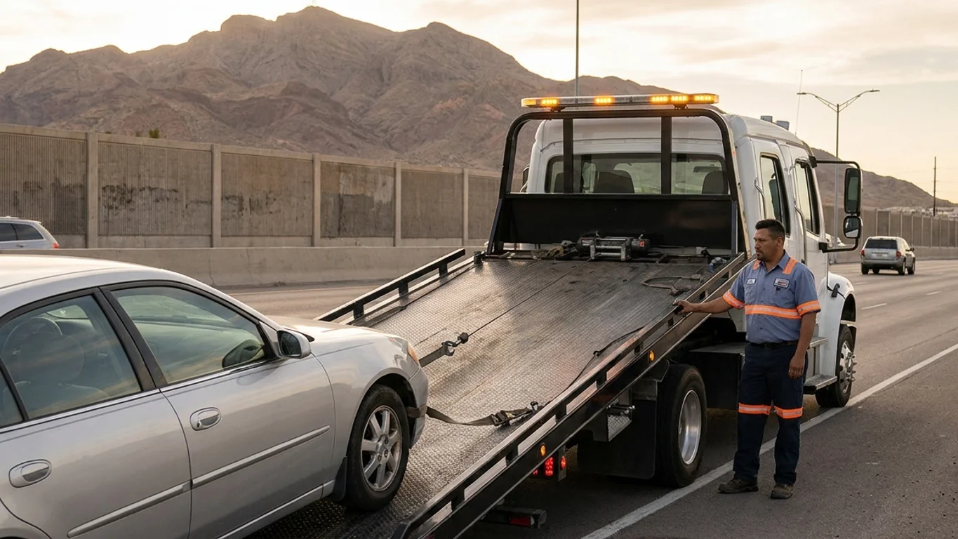 A white flatbed tow truck loading a disabled sedan on the shoulder of US-54, the Patriot Freeway, in northeast El Paso with the Franklin Mountains behind