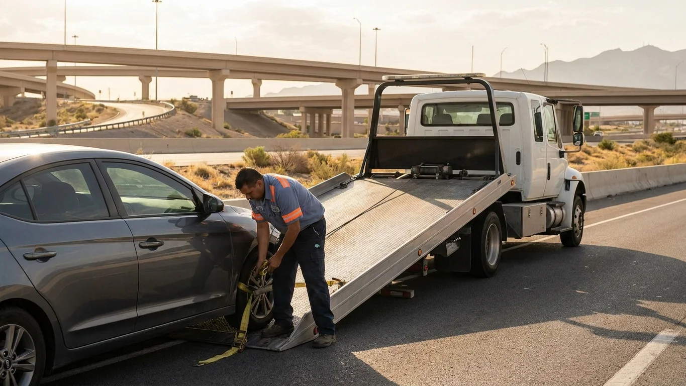 A tow operator in a steel blue polo securing a car onto a flatbed near a multi-level highway interchange in El Paso at golden hour