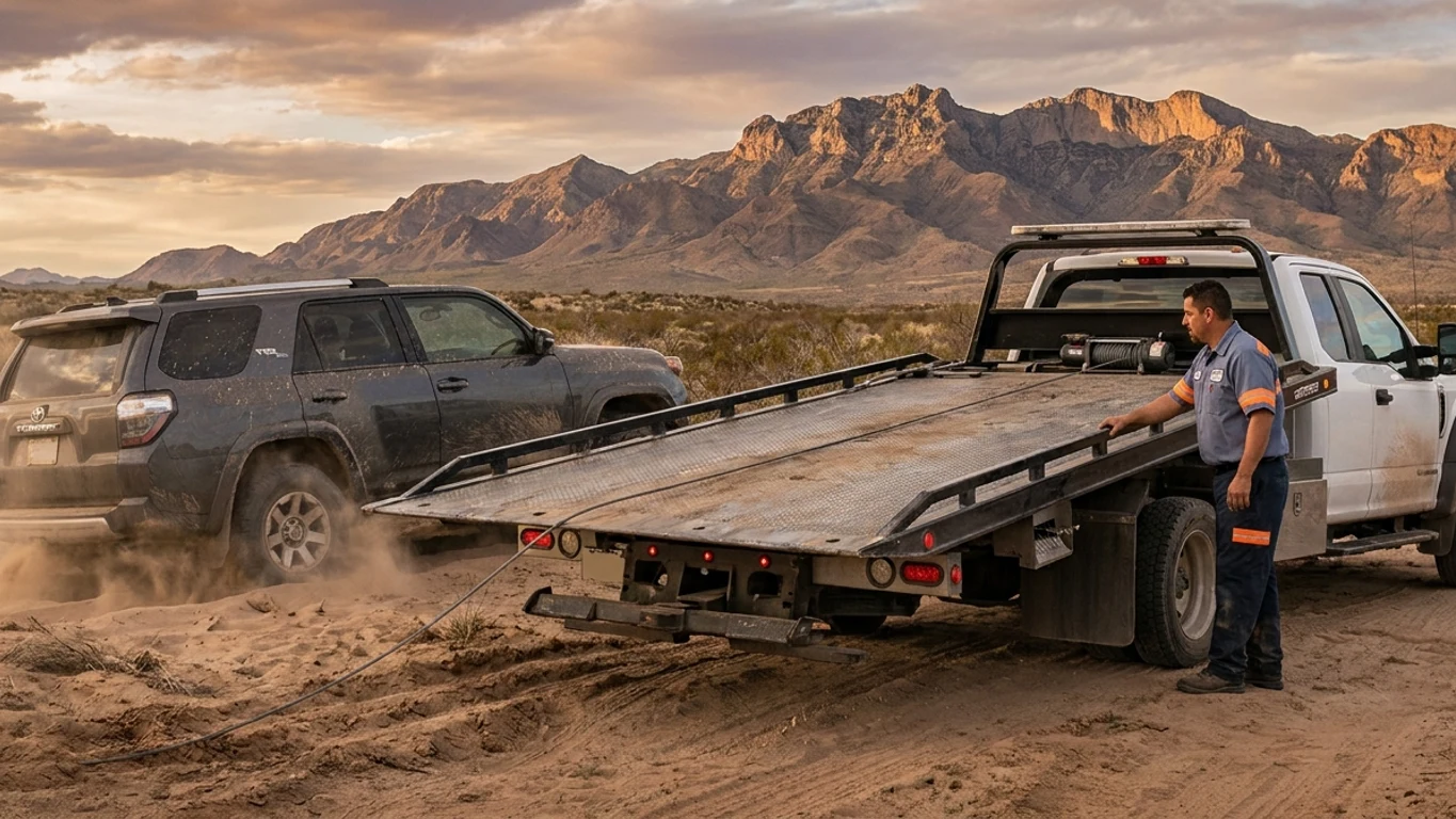 A wrecker with an integrated winch pulling a stuck SUV out of soft desert sand near El Paso with the Franklin Mountains in the background