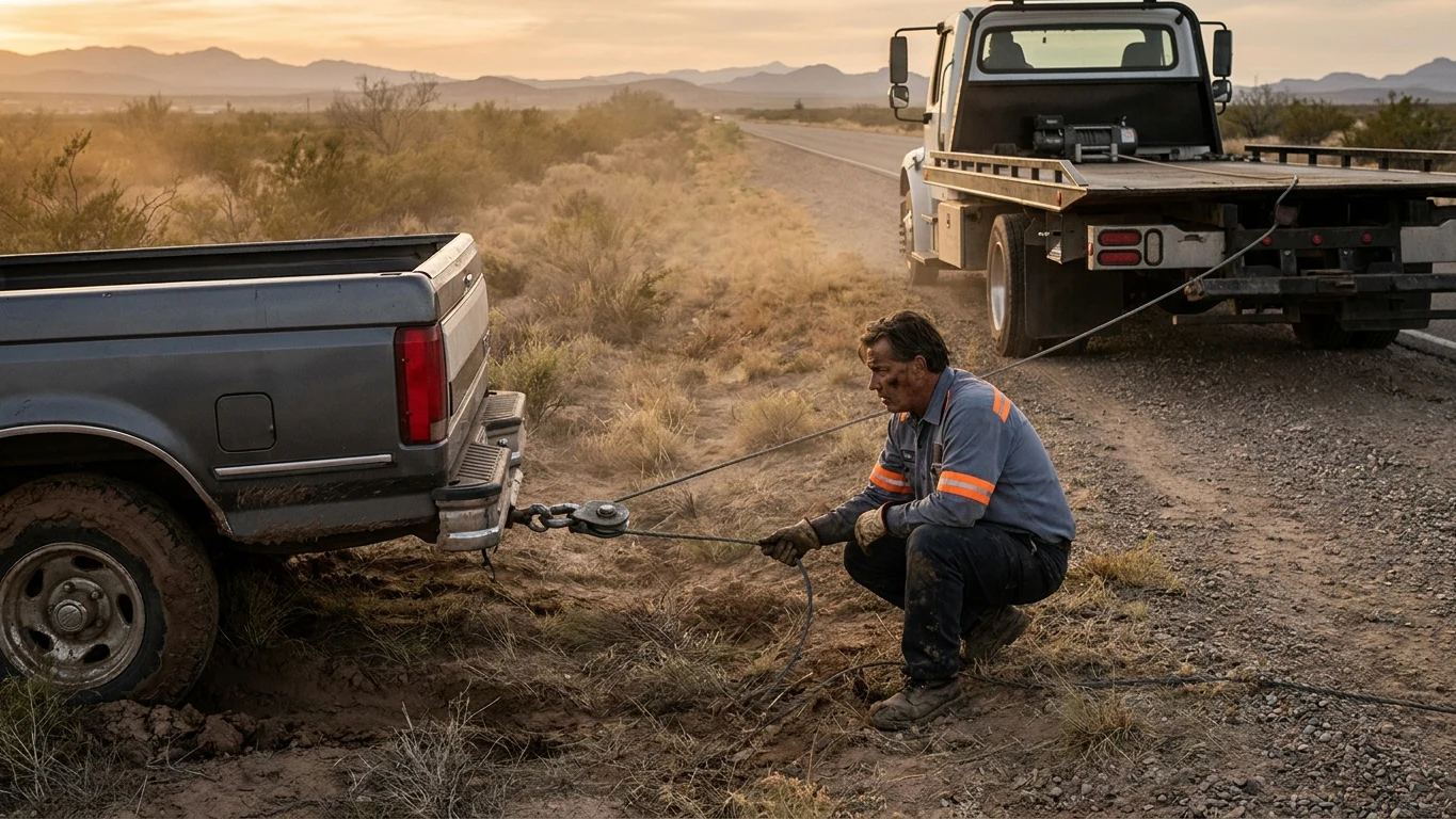 A tow operator rigging a snatch block and winch cable to a pickup truck stuck at the edge of a roadside ditch near El Paso