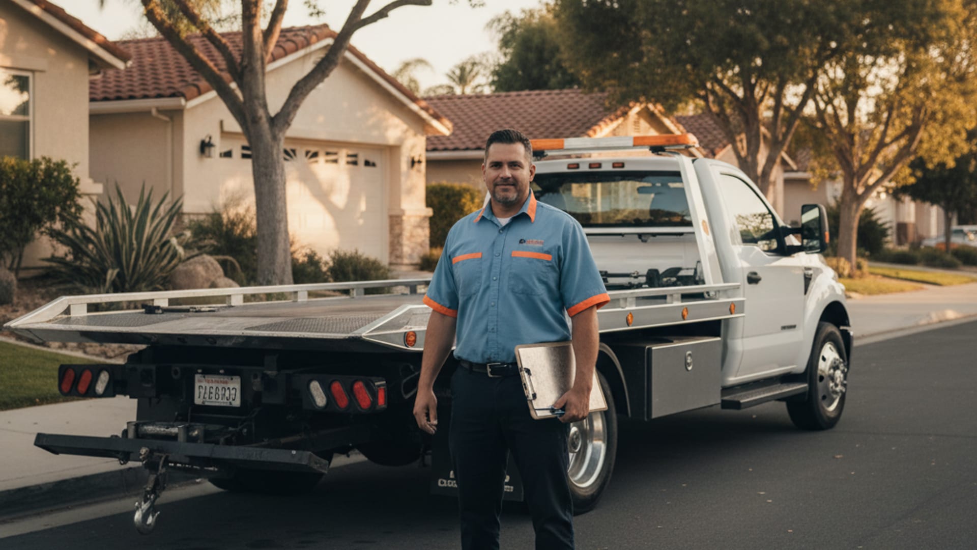 Quick Tow El Paso driver beside a flatbed rollback at golden hour in an El Paso residential neighborhood
