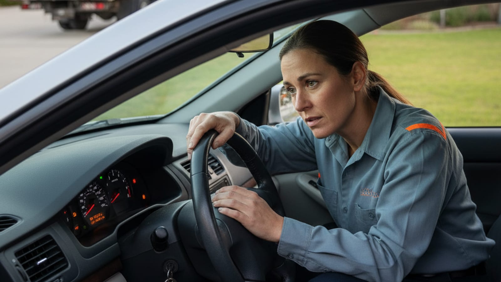 Driver checking dashboard warning lights on a parked car in an El Paso driveway