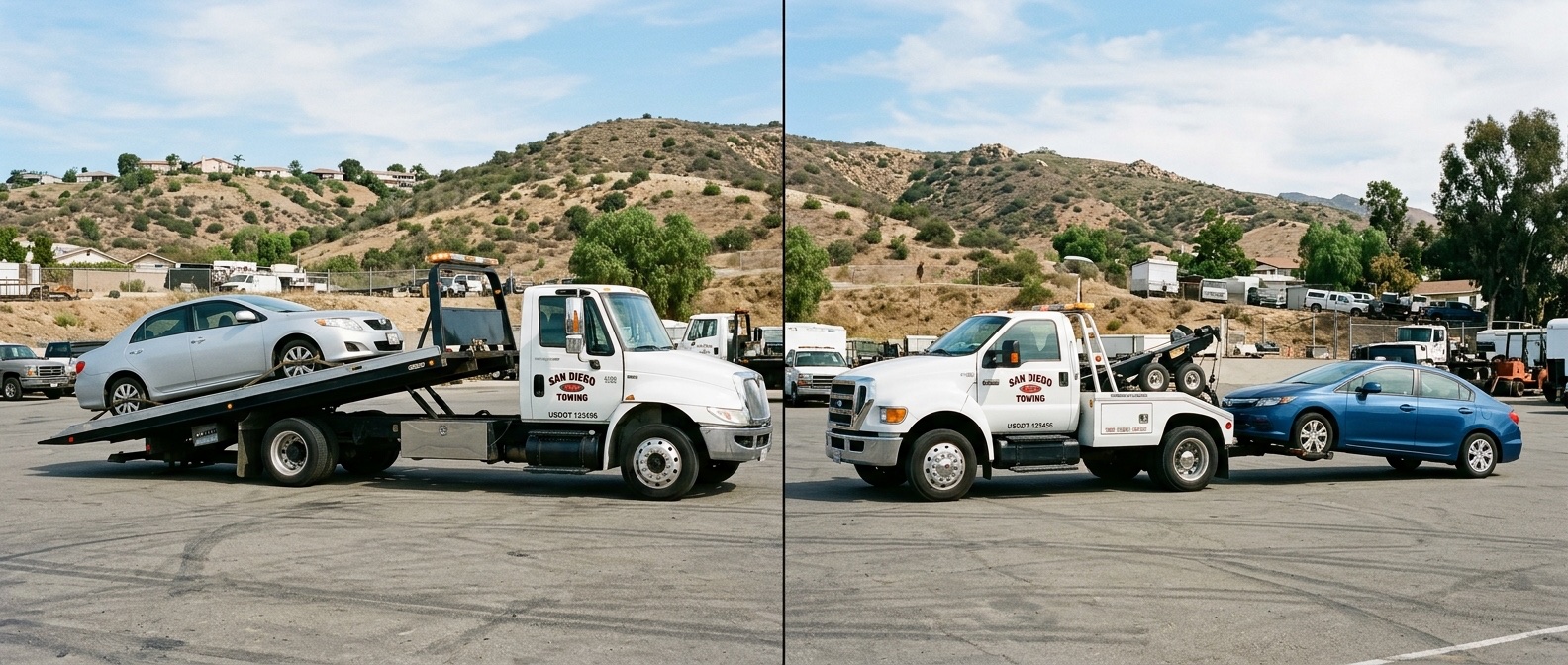 Side-by-side comparison of a flatbed tow truck and a wheel-lift tow truck loading vehicles in an El Paso service yard
