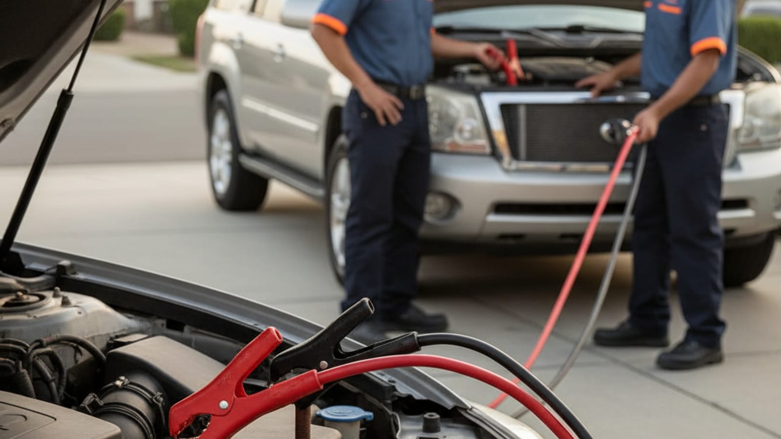 Close-up of jumper cables connected between two car batteries with the donor vehicle running in an El Paso driveway