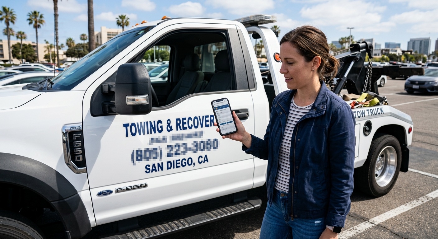Customer checking a tow operator credentials and TDLR license number on a smartphone in an El Paso parking lot