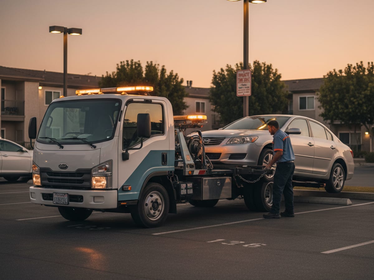 Quick Tow El Paso truck working a permit-parking apartment complex lot in El Paso at dusk